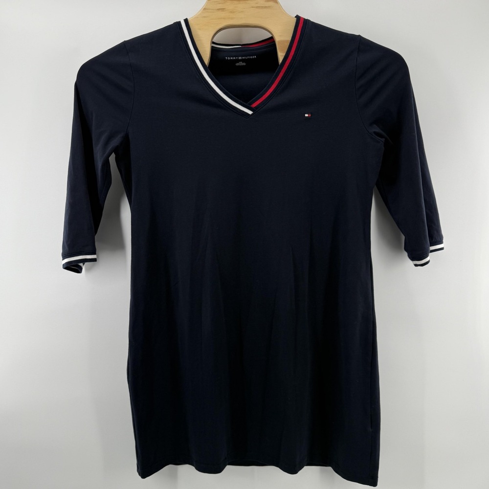 Tommy Hilfiger Dress Womens Large Navy Blue V Neck 3/4 Sleeve Stretch Classic